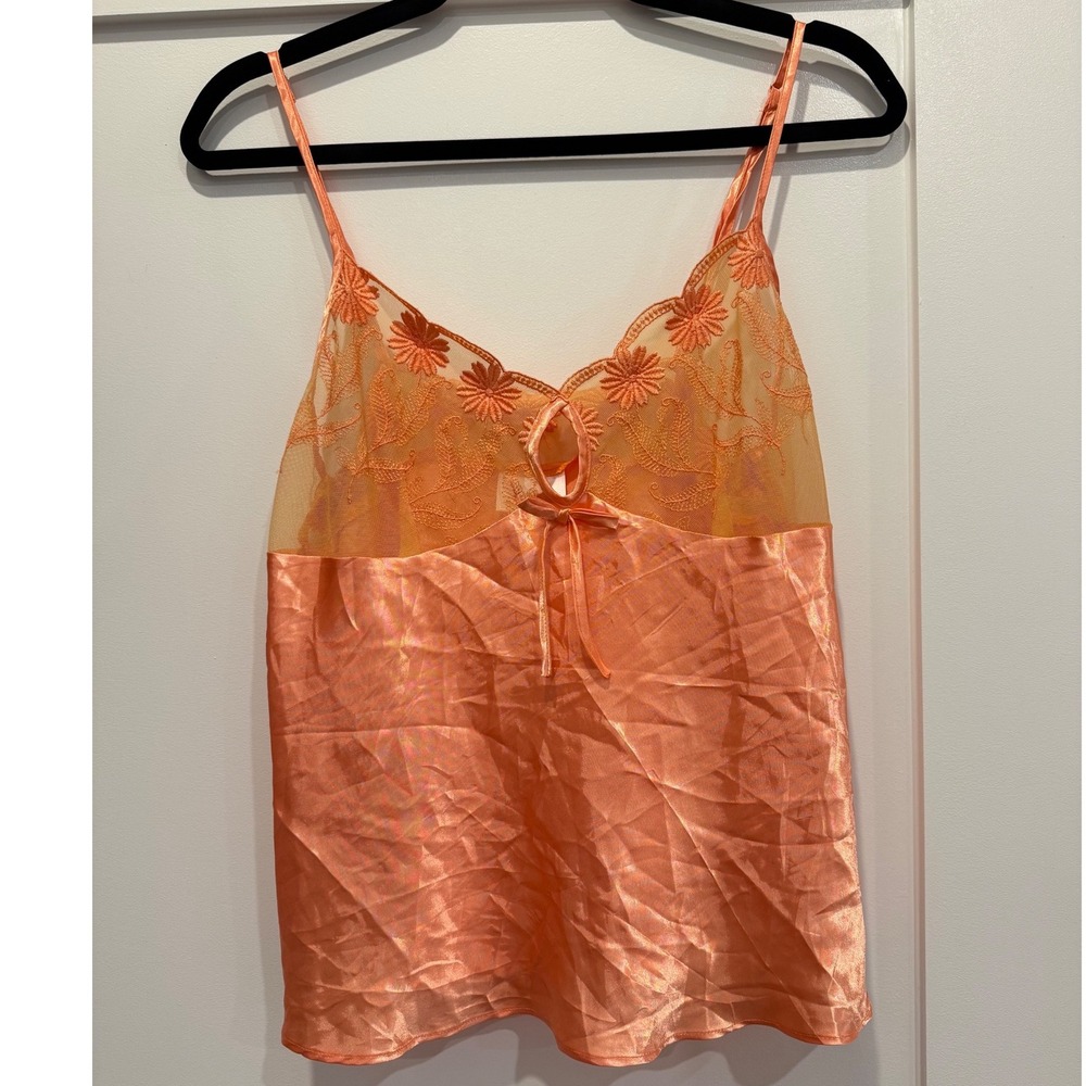 Y2K Lingerie Orange Satin Floral Embroidered Mesh Camisole